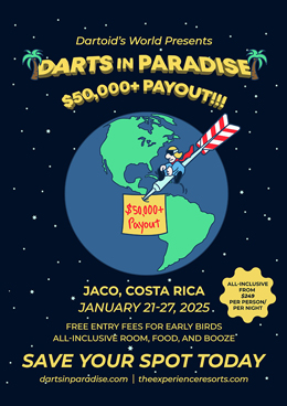 Column #637 Darts in Paradise – $50,000, no entry fees, equal payouts for men and women, entertainment and celebrities, all-inclusive and more!